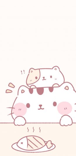 [2436x1125]猫咪 喵星人 鱼 馋嘴 卡通 苹果手机动漫壁纸图片