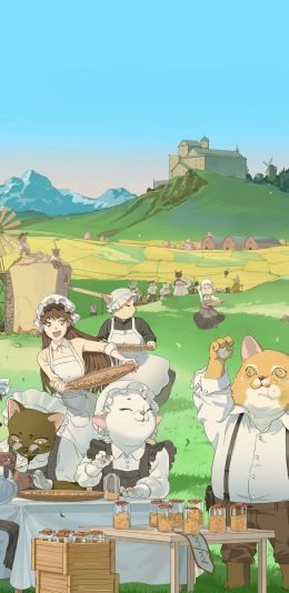 [2436x1125]猫咪 插图 女孩 春季（取自站酷网：麦伢） 苹果手机动漫壁纸图片