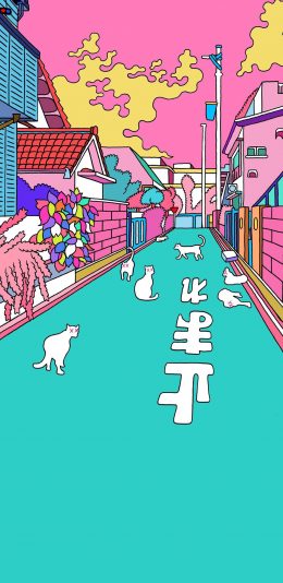 [2436x1125]猫咪 插图 街道 色彩 苹果手机动漫壁纸图片