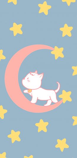 [2436x1125]猫咪 月亮 星星 月牙 苹果手机动漫壁纸图片