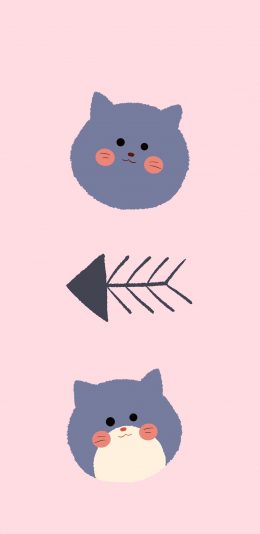 [2436x1125]猫咪 鱼骨 卡通 粉 苹果手机动漫壁纸图片