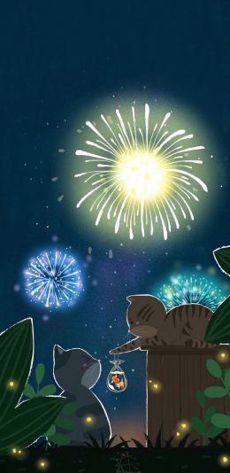 [2436x1125]猫咪插画 卡通 金鱼 烟花 苹果手机动漫壁纸图片