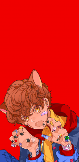 [2436x1125]猫男 喵星人 喵系 红色 少年 苹果手机动漫壁纸图片