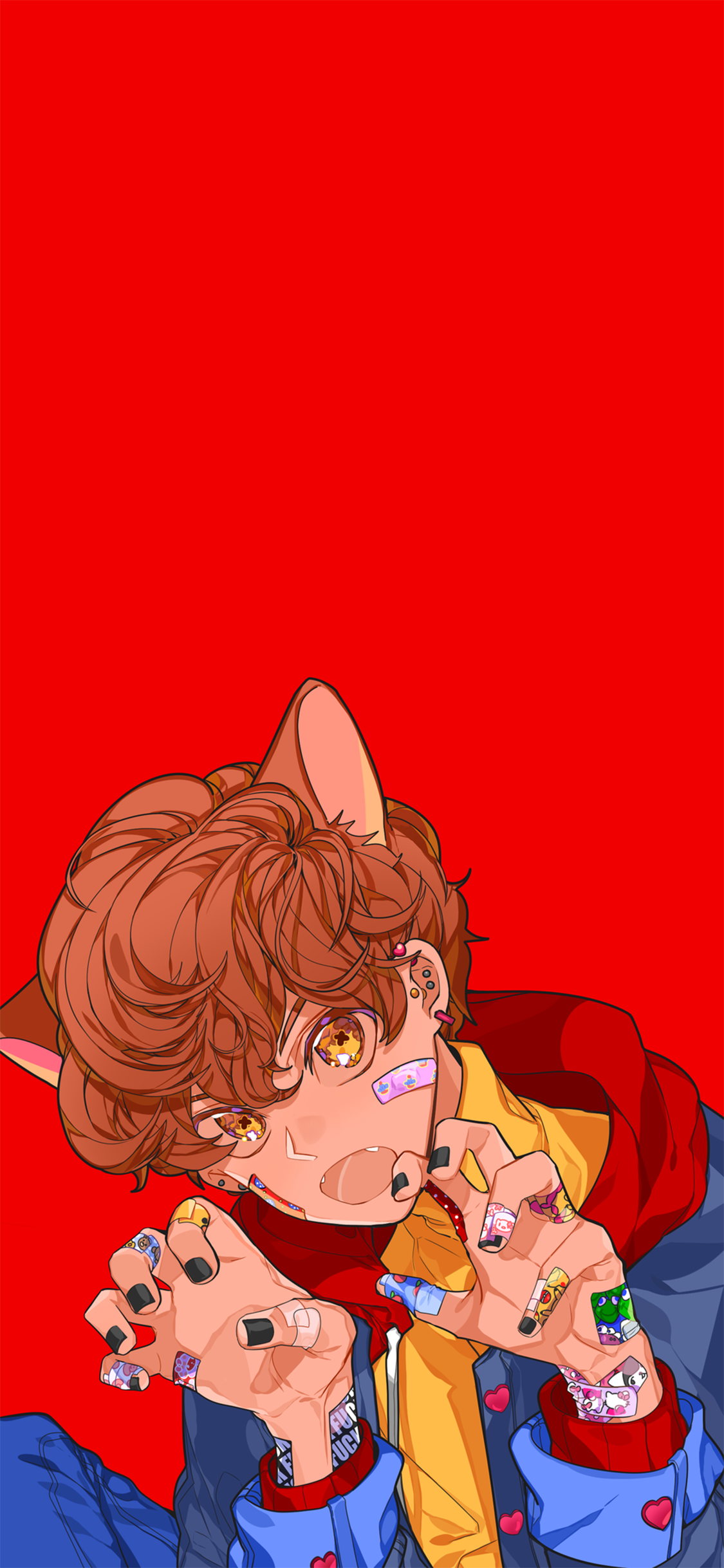 [2436×1125]猫男 喵星人 喵系 红色 少年 苹果手机动漫壁纸图片