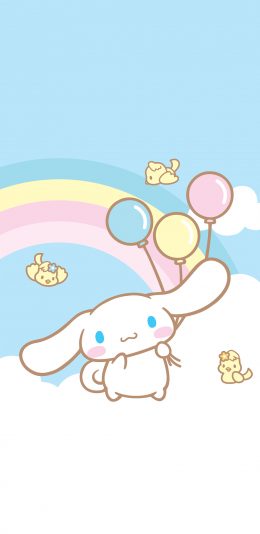 [2436x1125]玉桂狗 卡通 可爱 彩虹 鸟 气球 苹果手机动漫壁纸图片