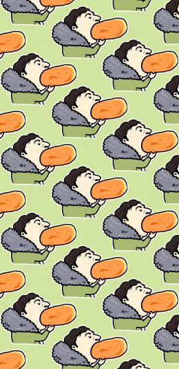 [2436x1125]王思聪 吃热狗 平铺 卡通 苹果手机动漫壁纸图片