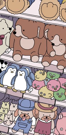 [2436x1125]玩具 货架 商品 狗 企鹅 苹果手机动漫壁纸图片