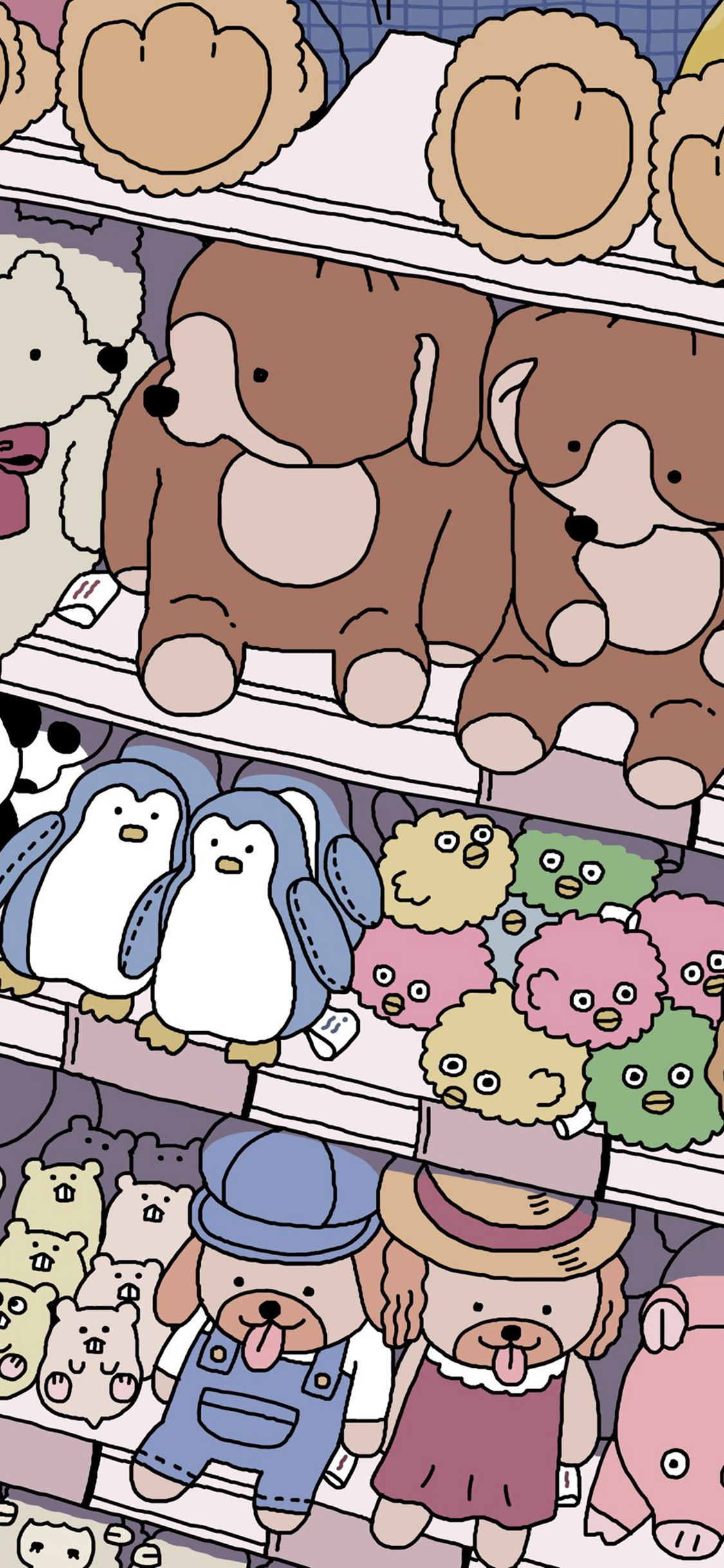 [2436×1125]玩具 货架 商品 狗 企鹅 苹果手机动漫壁纸图片