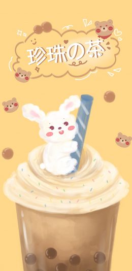 [2436x1125]珍珠奶茶 兔子 雪顶 卡通 苹果手机动漫壁纸图片