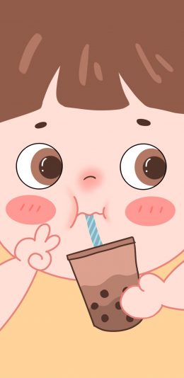 [2436x1125]珍珠奶茶 饮料 大脸 可爱 剪刀手 耶 苹果手机动漫壁纸图片