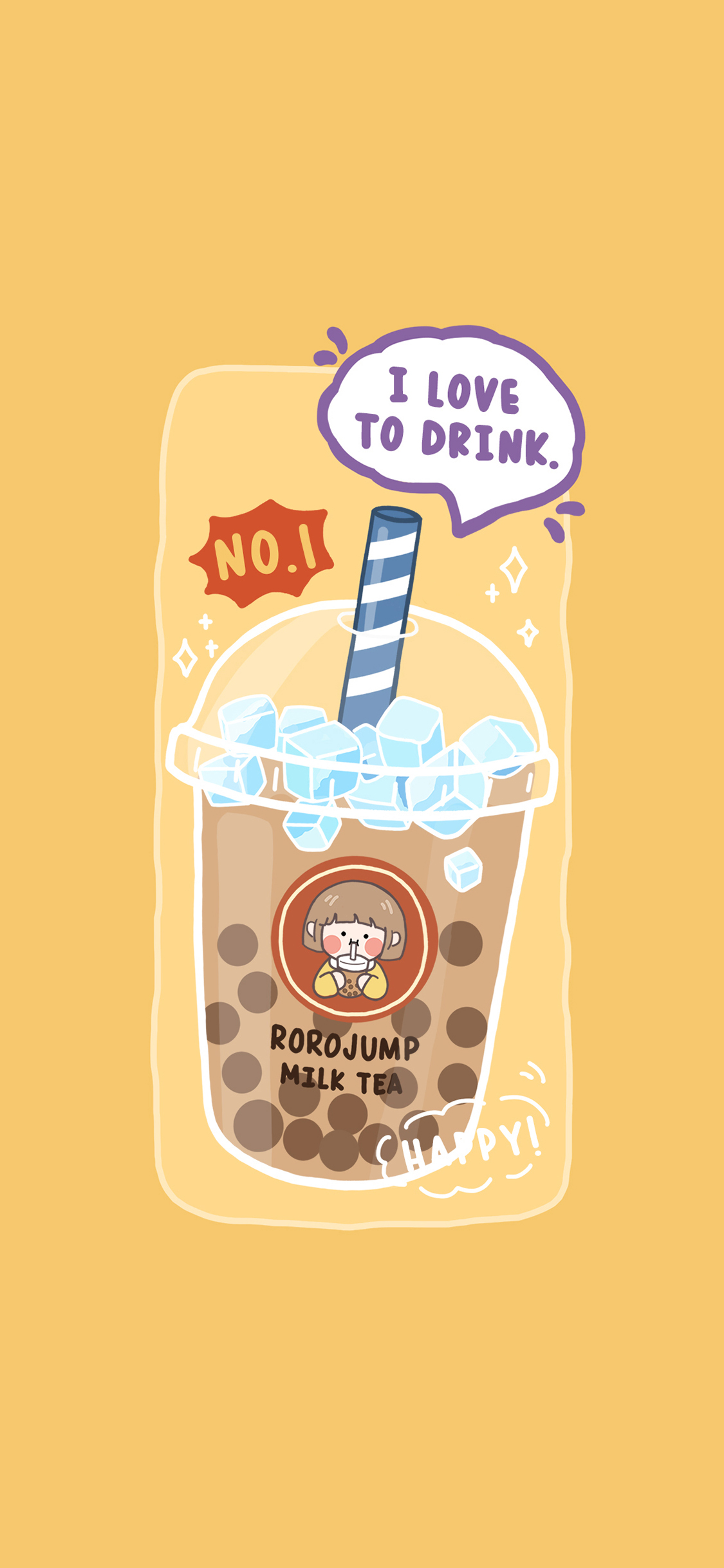 [2436×1125]珍珠奶茶 饮料 我爱喝 快乐 冰块 肉肉酱 苹果手机动漫壁纸图片