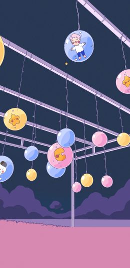 [2436x1125]球 星星 月亮 紫色 小男孩 苹果手机动漫壁纸图片