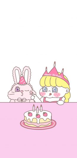 [2436x1125]生日快乐 萌咔便利店 蛋糕 兔子 小女孩 苹果手机动漫壁纸图片