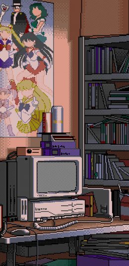 [2436x1125]电脑 像素风 美少女战士 房间 桌子 苹果手机动漫壁纸图片