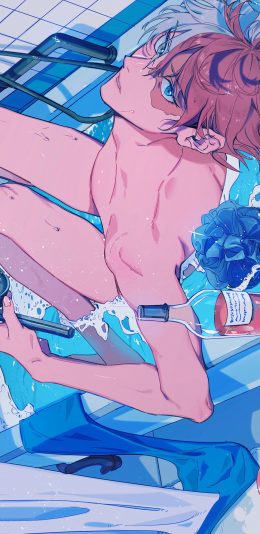 [2436x1125]男子 二次元 漫画 浴缸 花洒 裸体 苹果手机动漫壁纸图片
