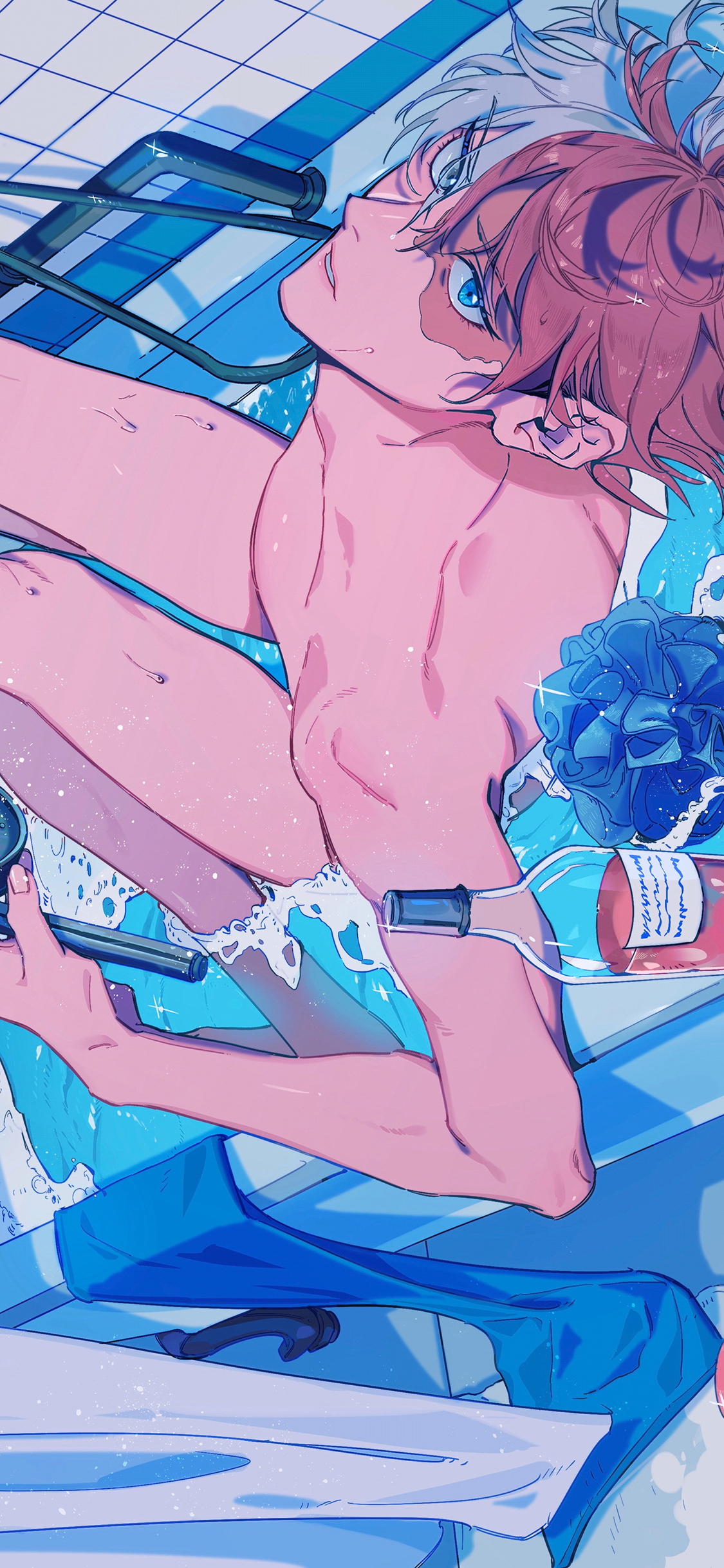 [2436×1125]男子 二次元 漫画 浴缸 花洒 裸体 苹果手机动漫壁纸图片