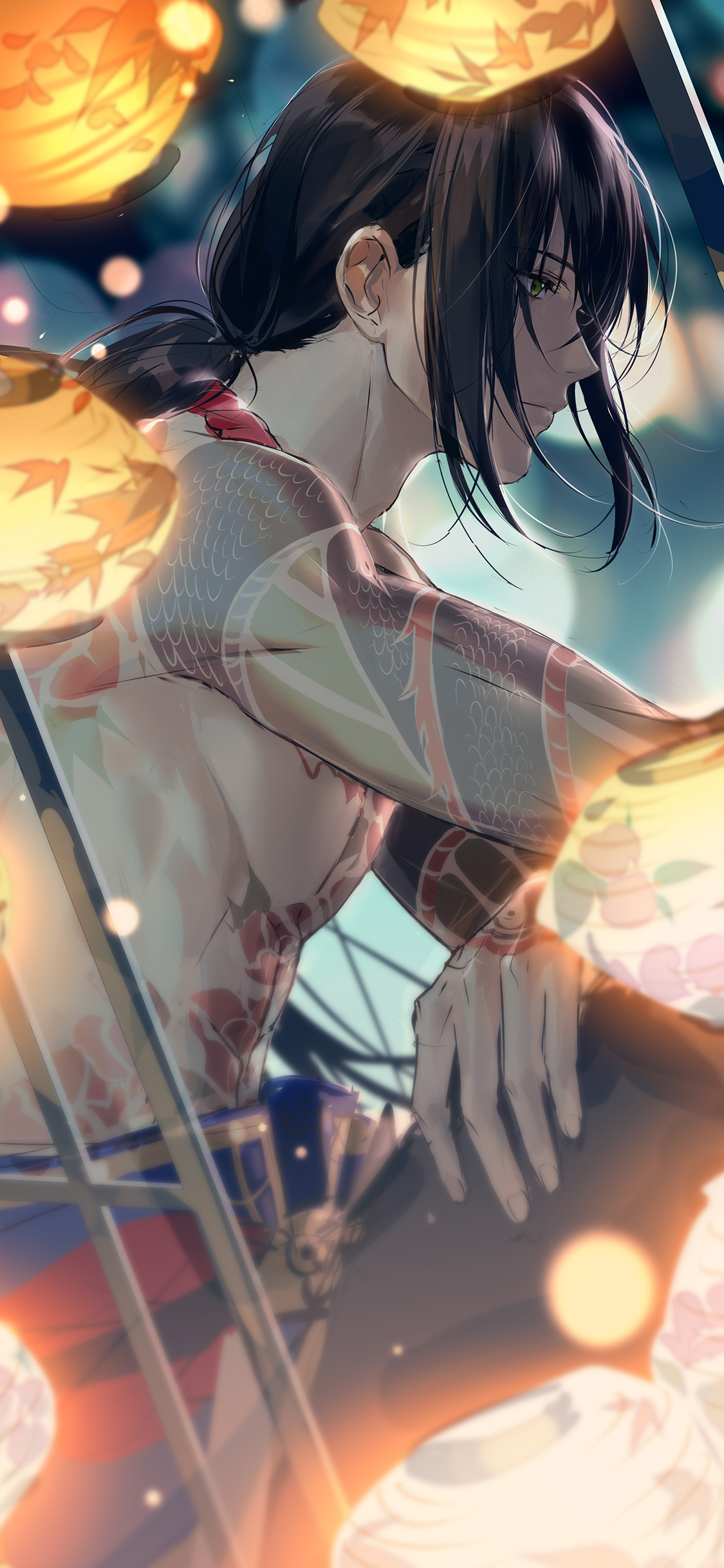 [2436×1125]男子 二次元 纹身 侧颜 灯笼 @好锅煮好饭 苹果手机动漫壁纸图片