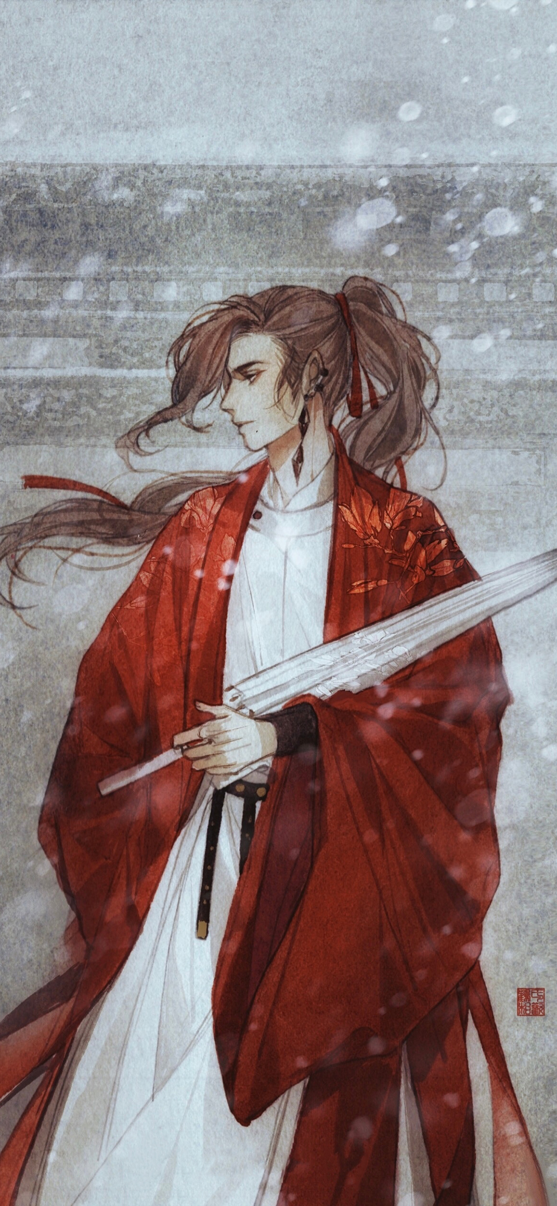 [2436×1125]男子 古风 油纸伞 漫画 绘画 苹果手机动漫壁纸图片