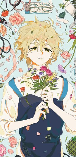 [2436x1125]男子 花束 二次元 漫画 花艺 苹果手机动漫壁纸图片