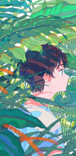 [2436x1125]男孩 丛林 叶子 绿色 漫画 二次元 苹果手机动漫壁纸图片