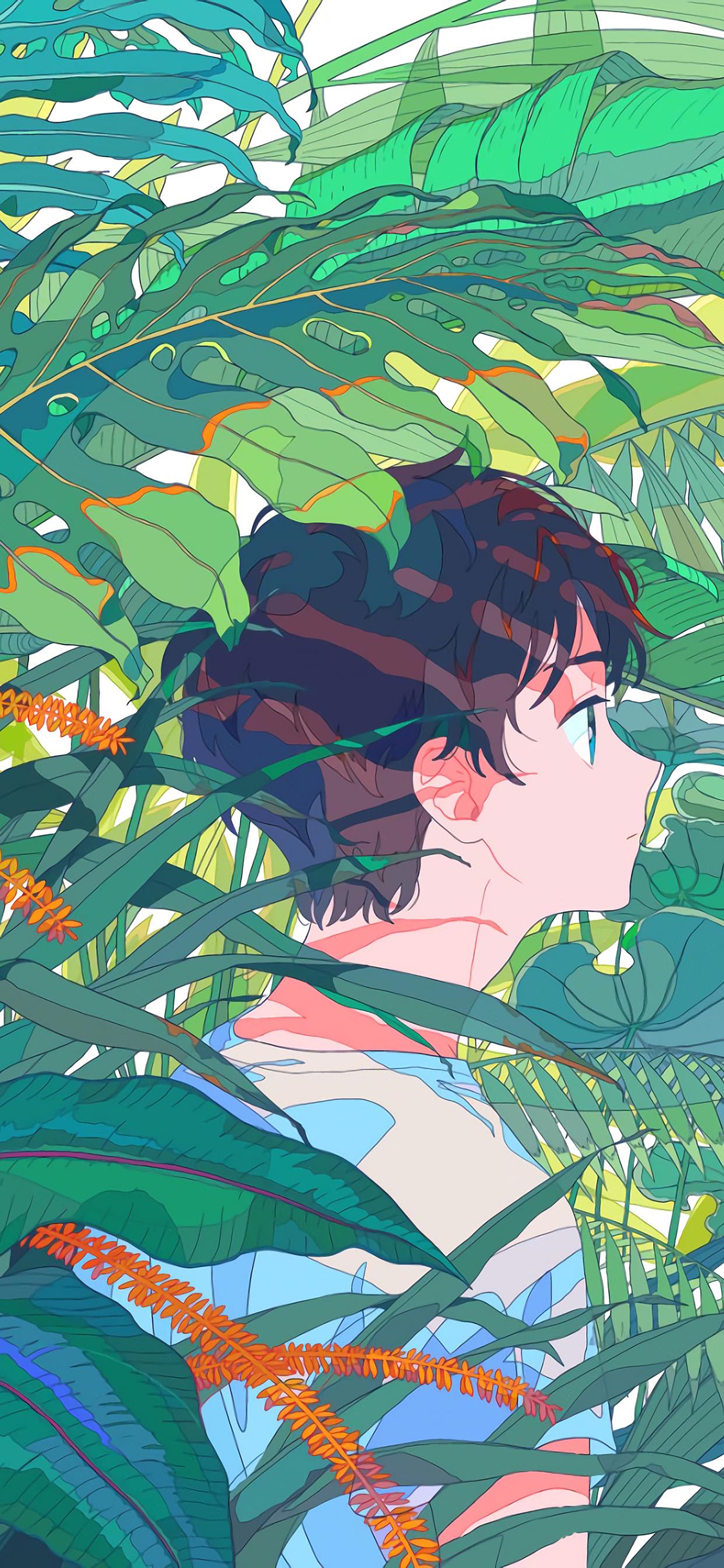 [2436×1125]男孩 丛林 叶子 绿色 漫画 二次元 苹果手机动漫壁纸图片