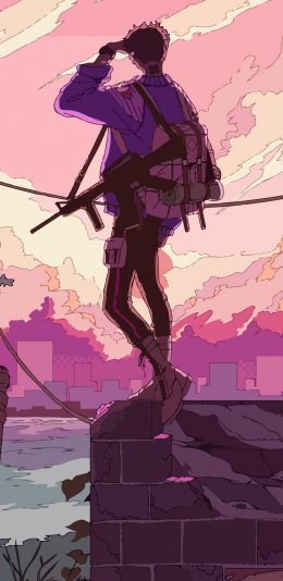 [2436x1125]男孩 插图 背影 枪支 二次元 苹果手机动漫壁纸图片