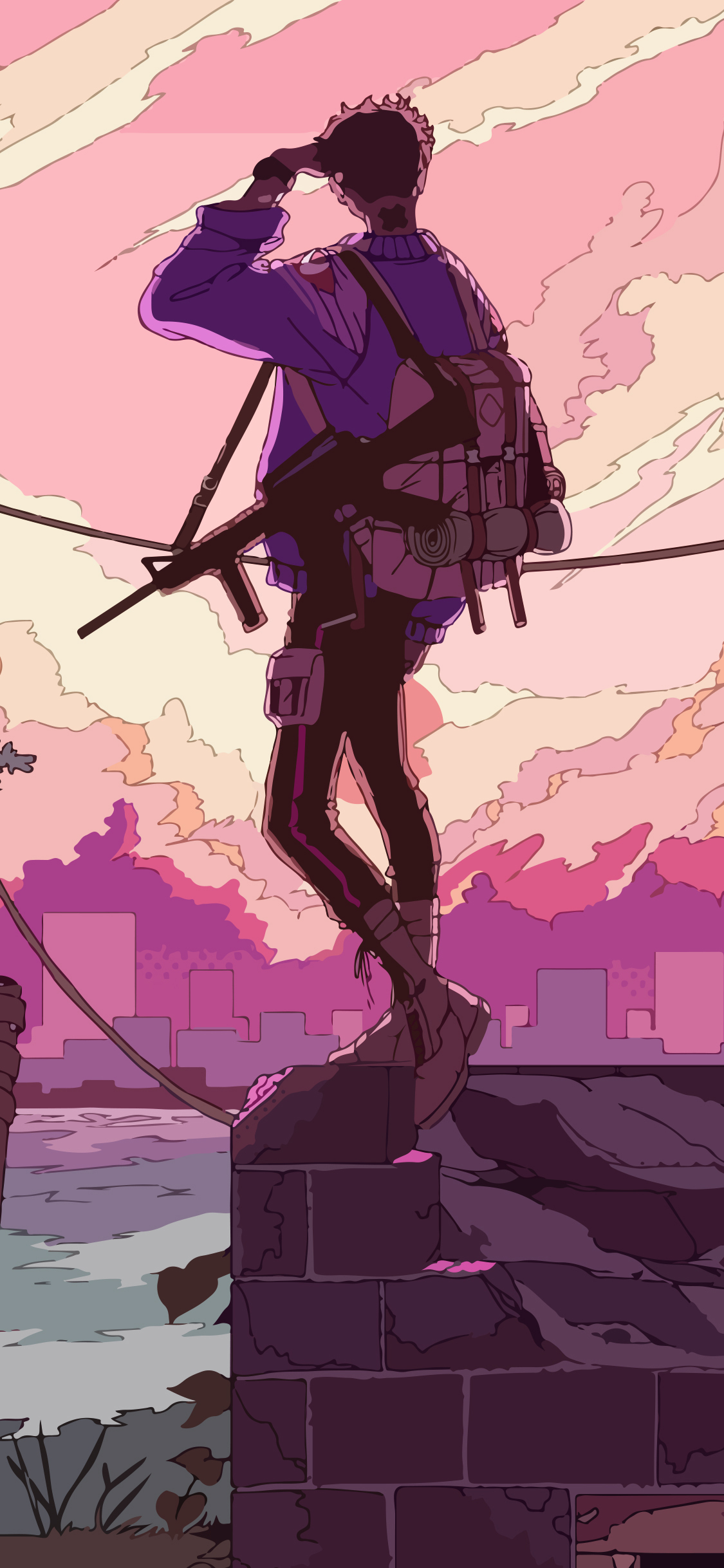 [2436×1125]男孩 插图 背影 枪支 二次元 苹果手机动漫壁纸图片