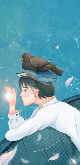 [2436x1125]男孩 插图 鸽子 彩虹光 苹果手机动漫壁纸图片