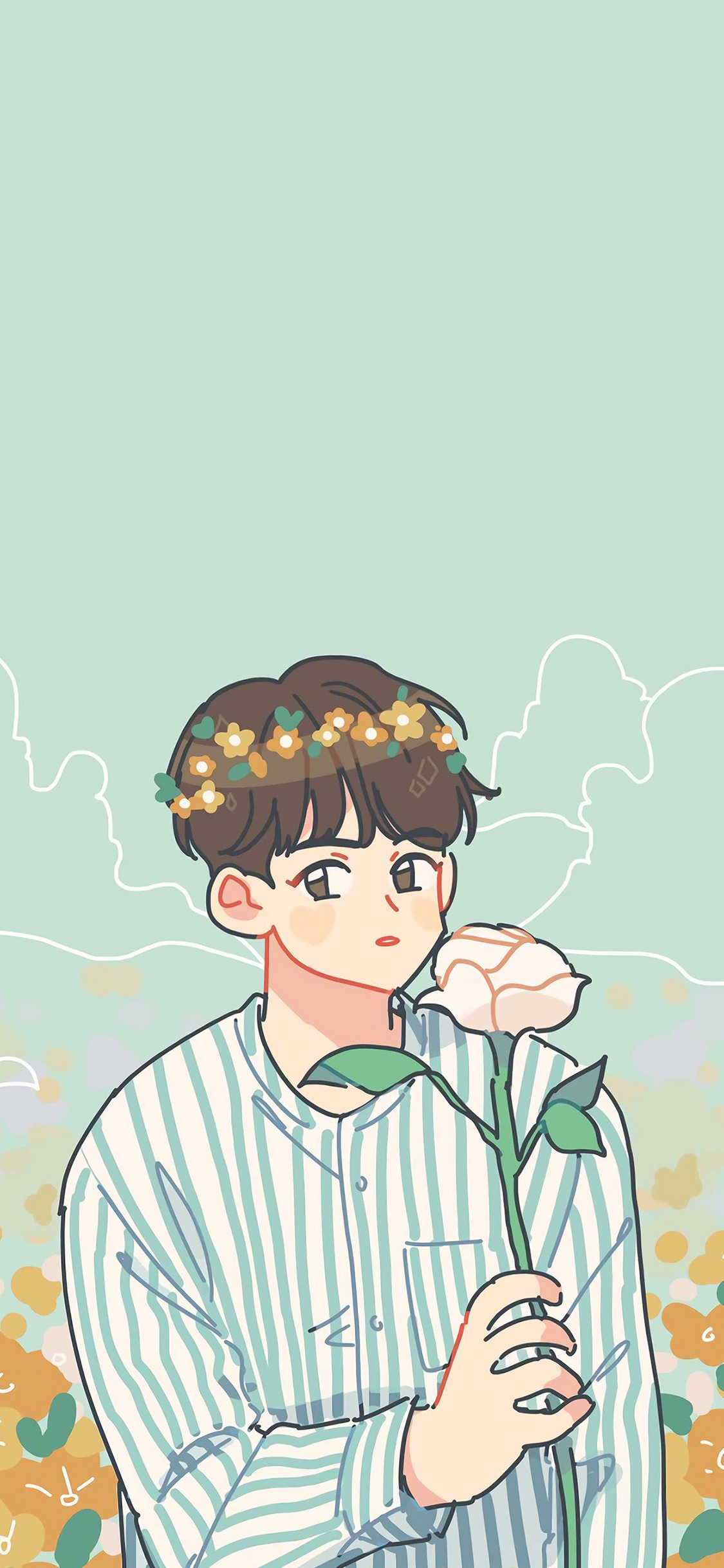 [2436×1125]男孩 玫瑰 漫画 男子 苹果手机动漫壁纸图片