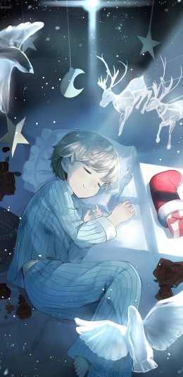 [2436x1125]男孩 睡梦 动画 温馨 礼盒 苹果手机动漫壁纸图片