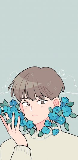 [2436x1125]男孩 花 漫画 蓝色 苹果手机动漫壁纸图片