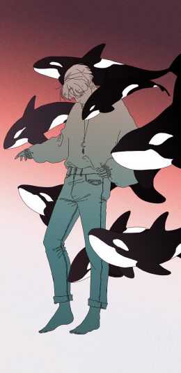 [2436x1125]男孩 鲸鱼 虎鲸 插画 苹果手机动漫壁纸图片