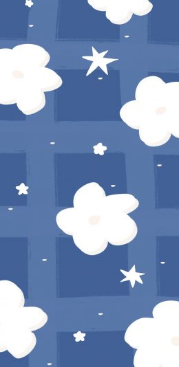 [2436x1125]白云 星星 蓝色 方格 苹果手机动漫壁纸图片
