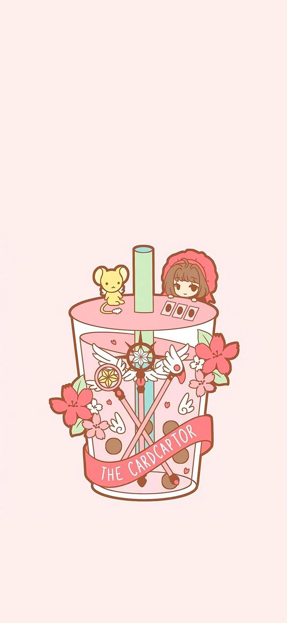 [2436×1125]百变小樱 小可 珍珠奶茶 粉 苹果手机动漫壁纸图片