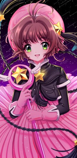 [2436x1125]百变魔法小樱 动画 星星 少女 辫子 紫色 苹果手机动漫壁纸图片