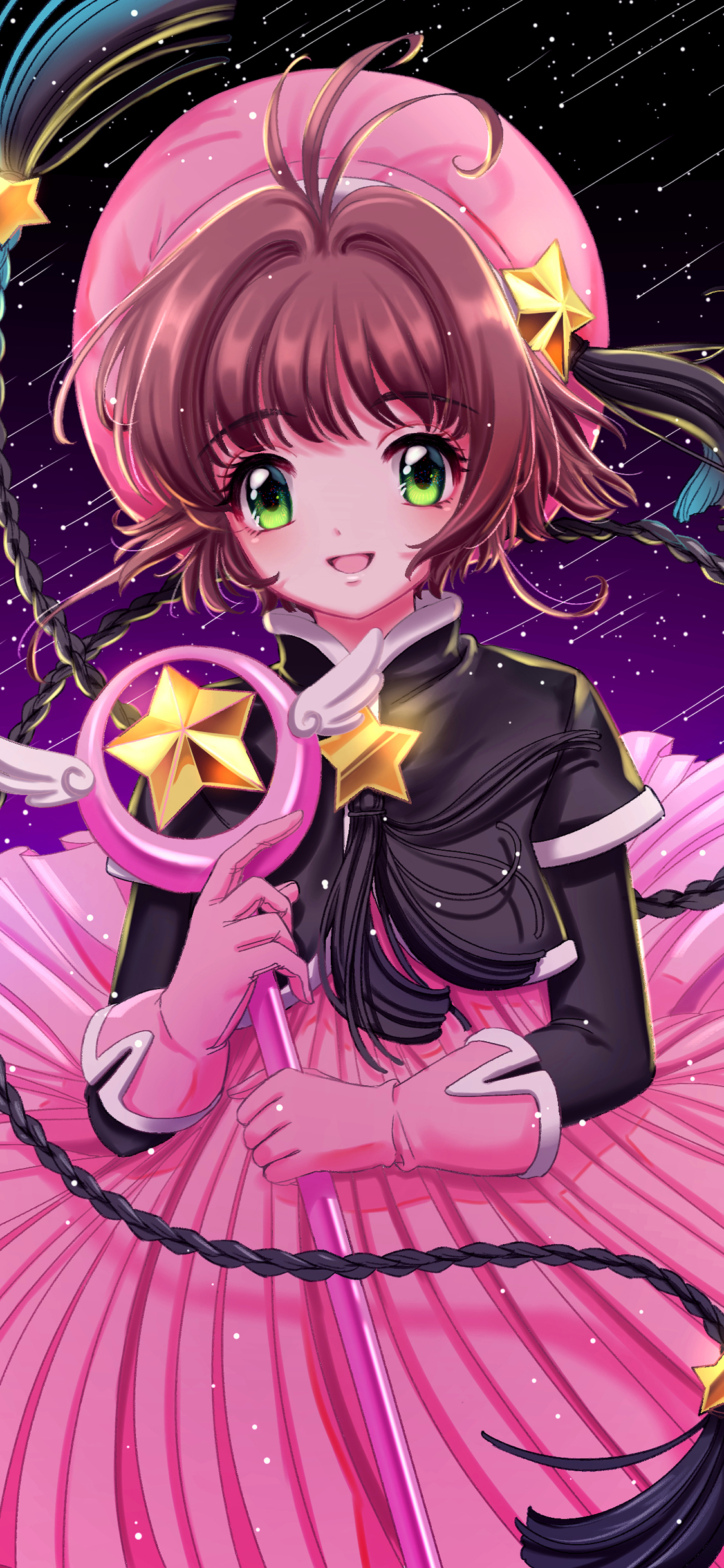 [2436×1125]百变魔法小樱 动画 星星 少女 辫子 紫色 苹果手机动漫壁纸图片