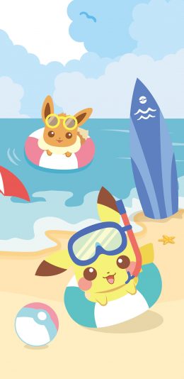 [2436x1125]皮卡丘 海边 沙滩 泳圈 神奇宝贝 卡通 苹果手机动漫壁纸图片