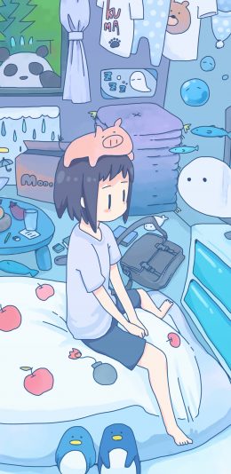 [2436x1125]看电视 小女孩 蓝色 猪 被子 苹果手机动漫壁纸图片