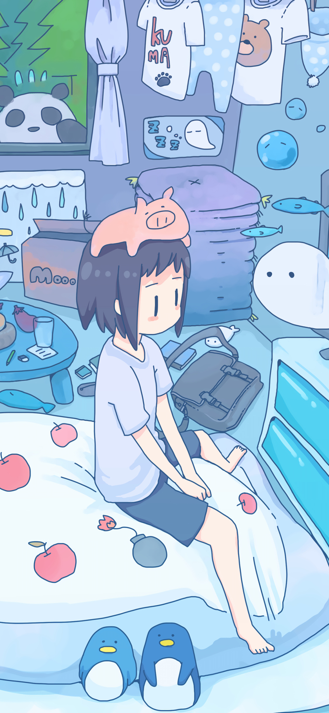 [2436×1125]看电视 小女孩 蓝色 猪 被子 苹果手机动漫壁纸图片