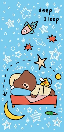 [2436x1125]睡梦 布朗熊 萨莉鸡 linefriends 蓝色 苹果手机动漫壁纸图片
