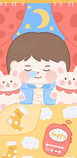 [2436x1125]睡梦 男孩 兔子 月亮 happy 苹果手机动漫壁纸图片