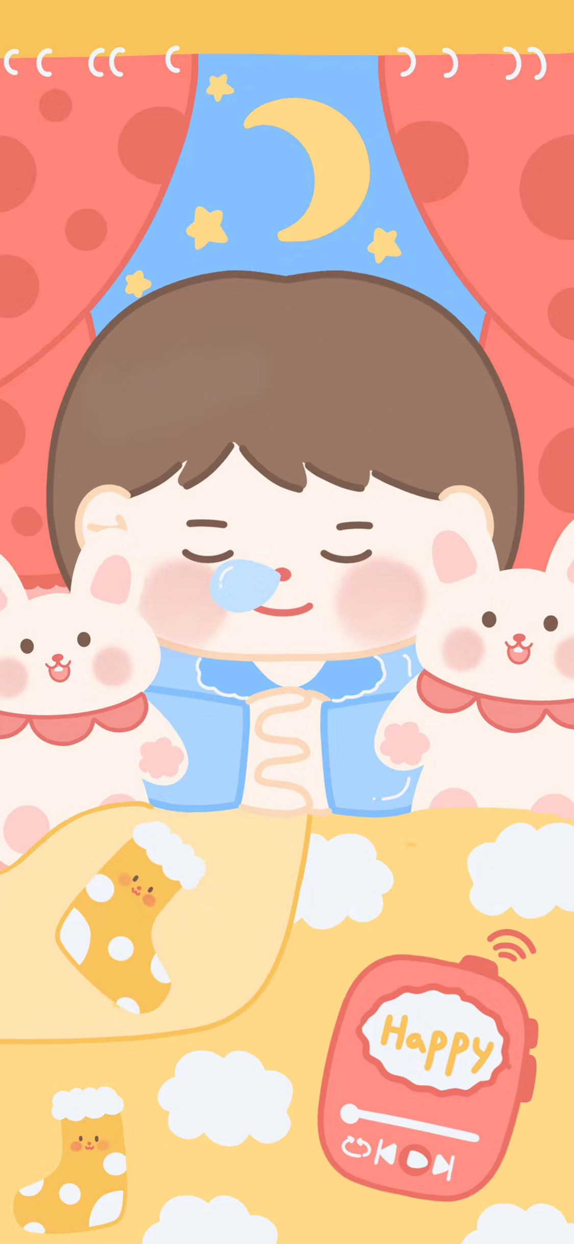 [2436×1125]睡梦 男孩 兔子 月亮 happy 苹果手机动漫壁纸图片