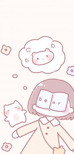 [2436x1125]睡觉 书本 小熊 小女孩 生气 苹果手机动漫壁纸图片