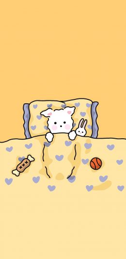 [2436x1125]睡觉 狗狗 兔子 黄色 爱心 苹果手机动漫壁纸图片