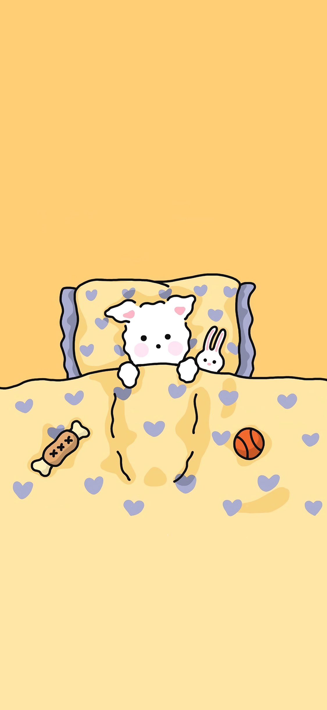 [2436×1125]睡觉 狗狗 兔子 黄色 爱心 苹果手机动漫壁纸图片
