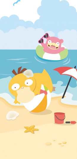 [2436x1125]神奇宝贝 卡通 可达鸭 沙滩 夏日 苹果手机动漫壁纸图片