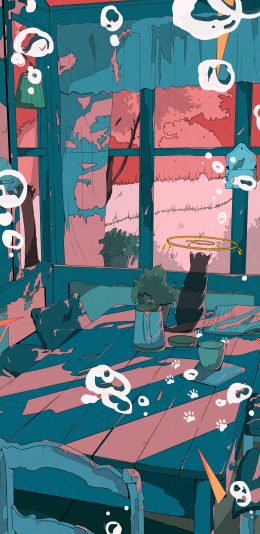 [2436x1125]窗外 漫画 桌椅 影子 猫咪 苹果手机动漫壁纸图片