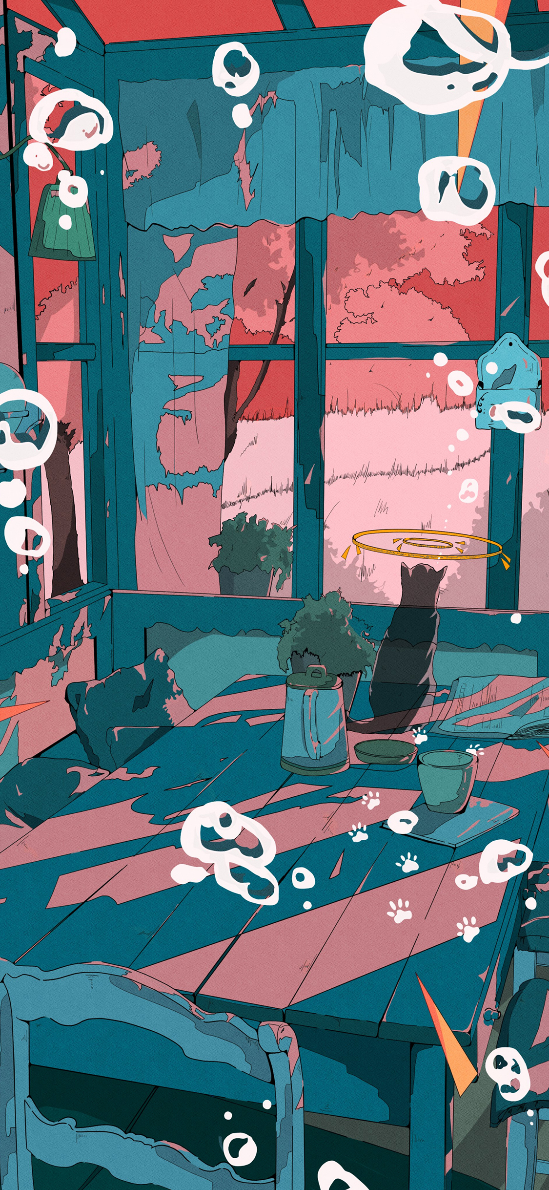 [2436×1125]窗外 漫画 桌椅 影子 猫咪 苹果手机动漫壁纸图片