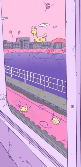 [2436x1125]窗外 紫色 长颈鹿 月亮 星星 苹果手机动漫壁纸图片