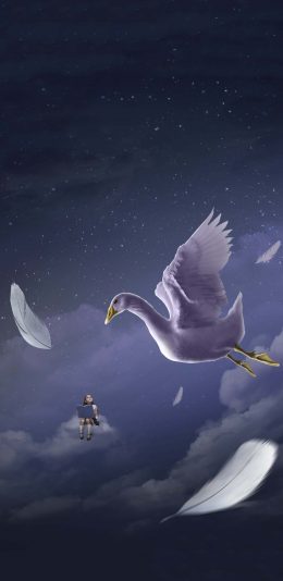[2436x1125]童话插图 特效 梦幻 天鹅 小女孩 苹果手机动漫壁纸图片